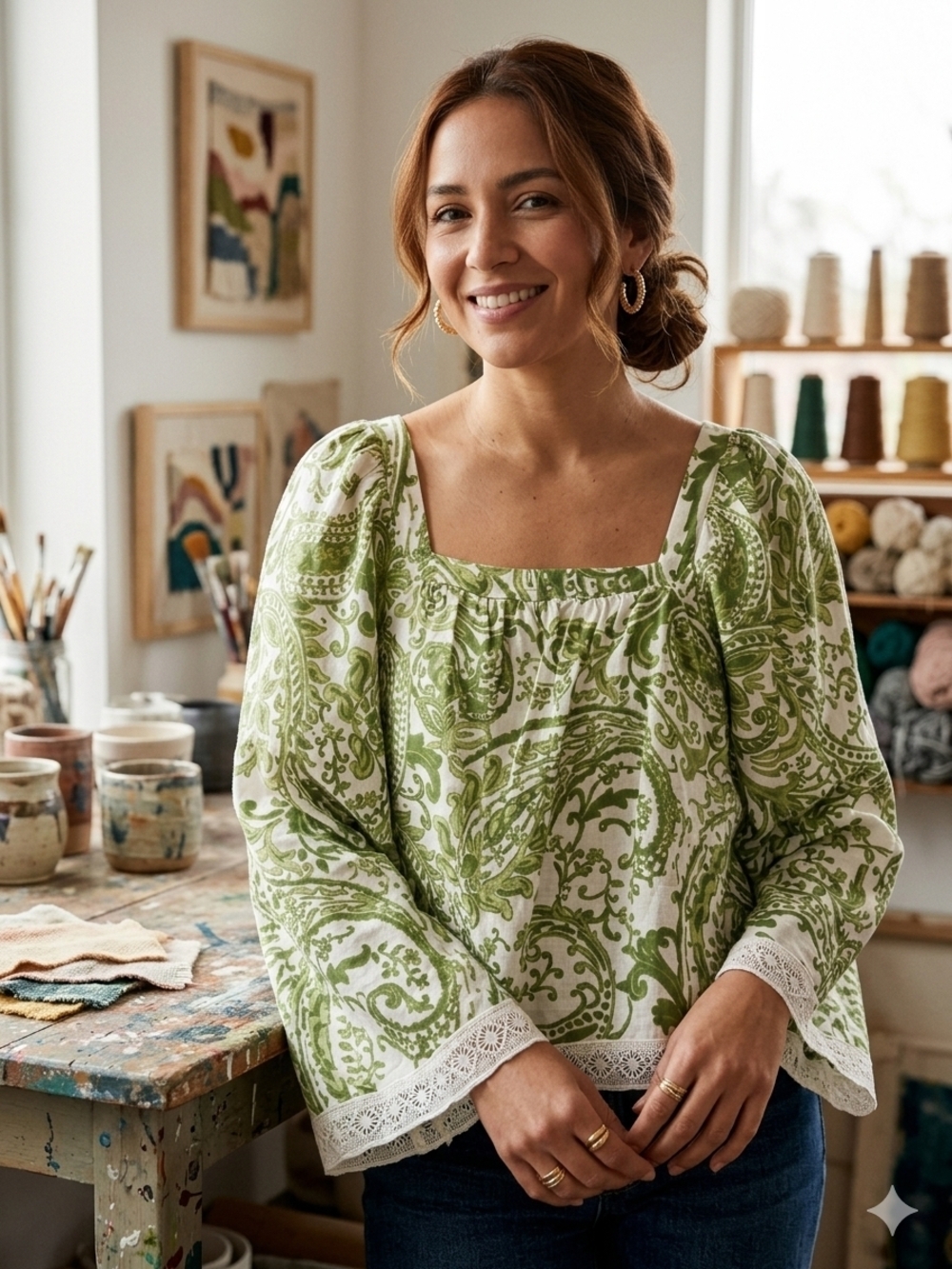 Nicole Miller Boho Style Top with Paisley Print in Green and White
